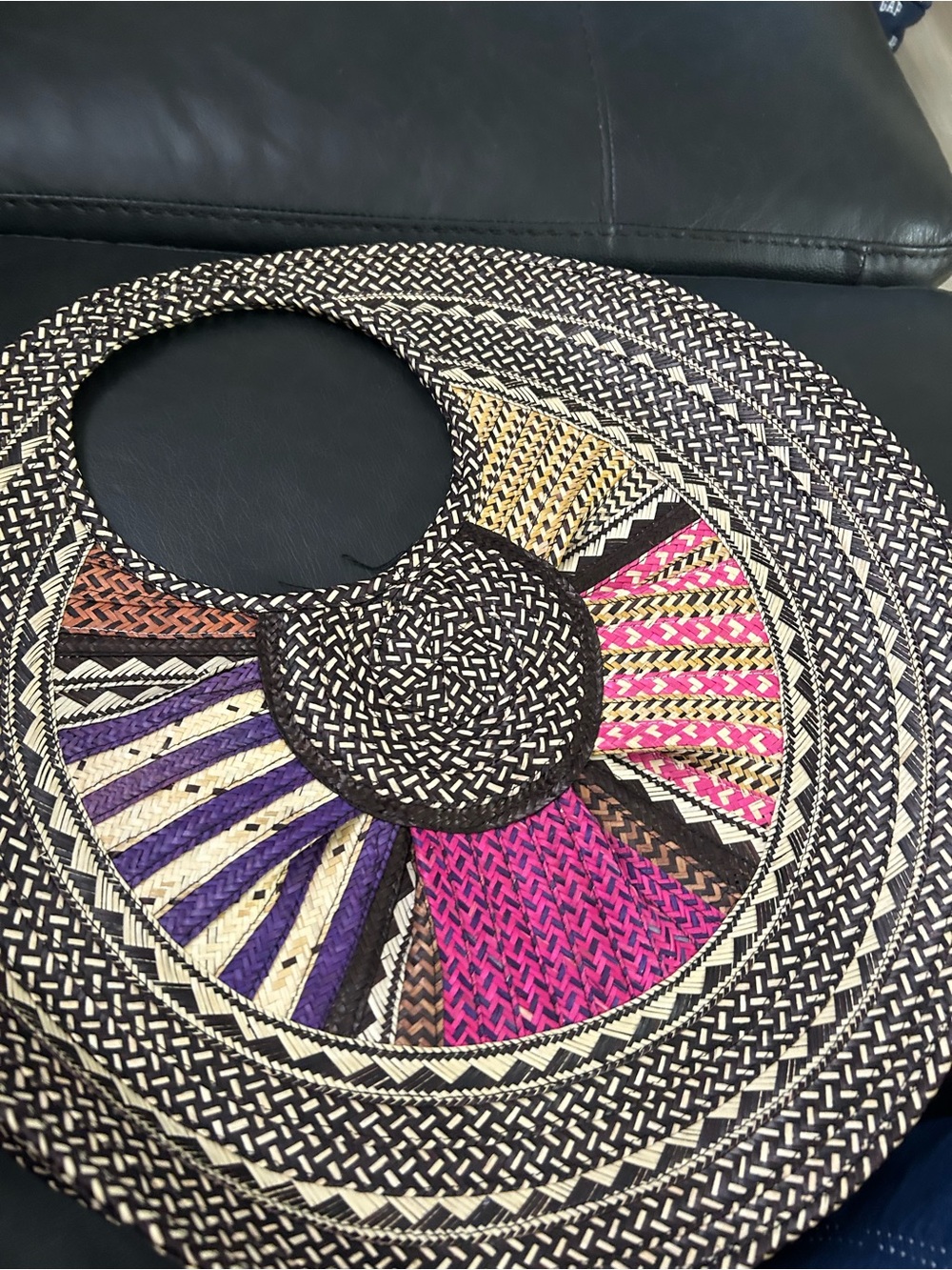 Handwoven Round Straw Tote Bag in Black, Pink & Purple